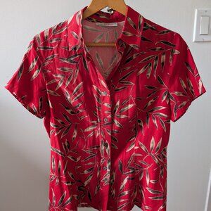 Fabulous Red Silk Short Sleeve Button Up